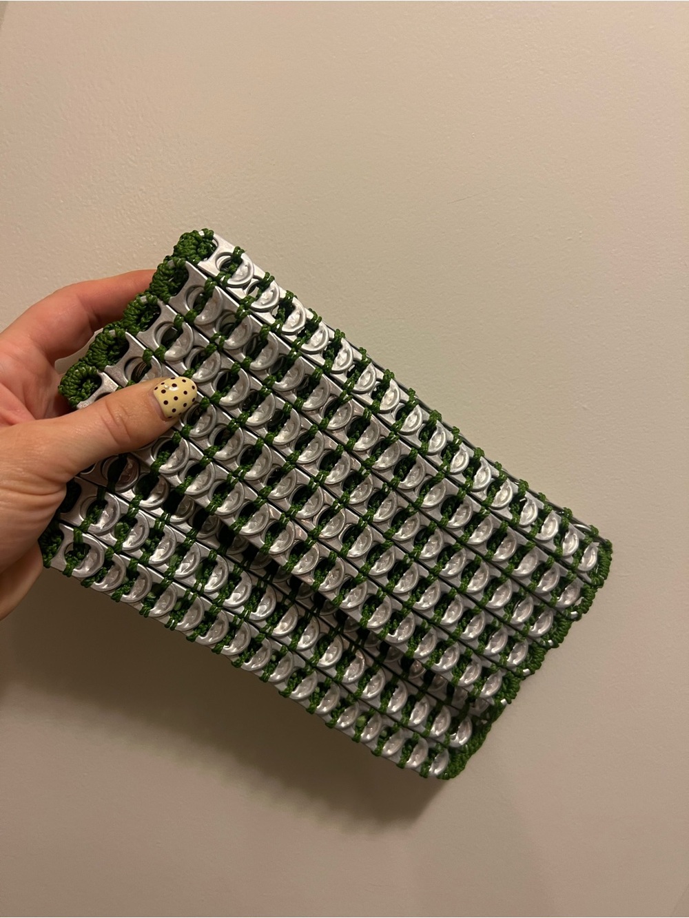 Handmade Green and Silver Upcycled Clutch Bag crocheted with Pop tabs